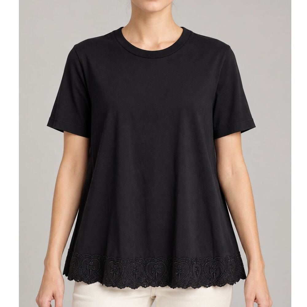 Simone Rocha Black Tee with Scalloped Embroidered Edge Sz. XS